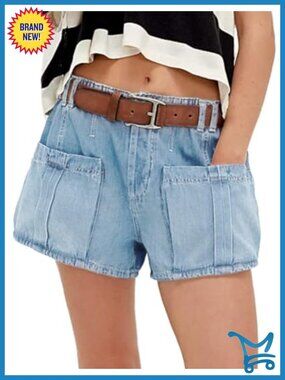 Wide Leg Cargo Denim Shorts with Pockets